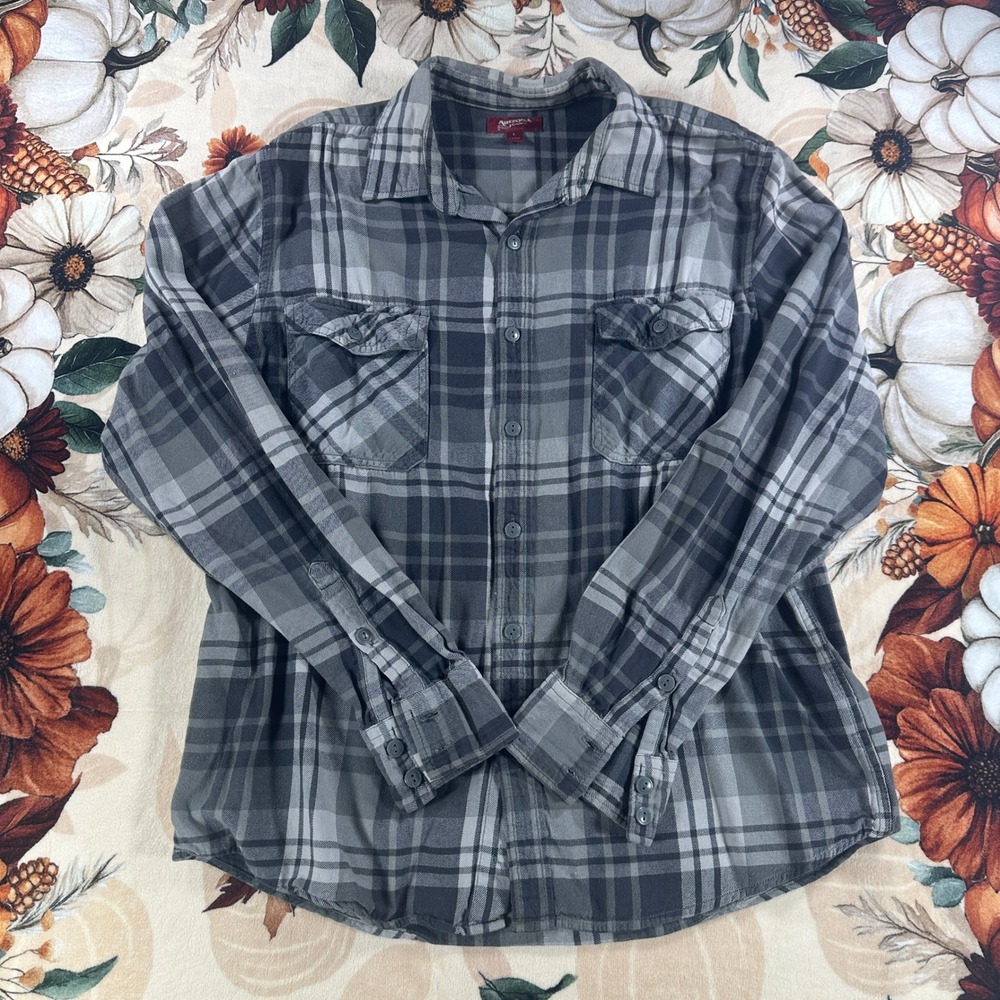 Arizona Jean Co Mens Black Gray Plaid Flannel Button Down Shirt Cotton Large